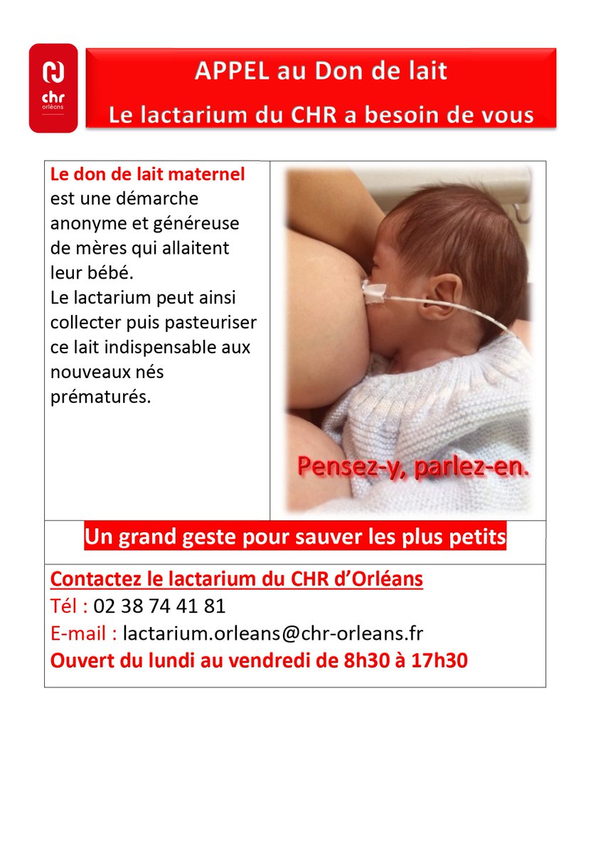👶🍼 DON DE LAIT 🍼👶
💙Si vous êtes une mère qui allaite son bébé, vous avez la possibilité, de manière bénévole et anonyme, de faire don de votre lait au #Lactarium du #CHROrléans.
💙 Parlez-en autour du vous !
Plus d'infos 👉 cutt.ly/6RymS8v
