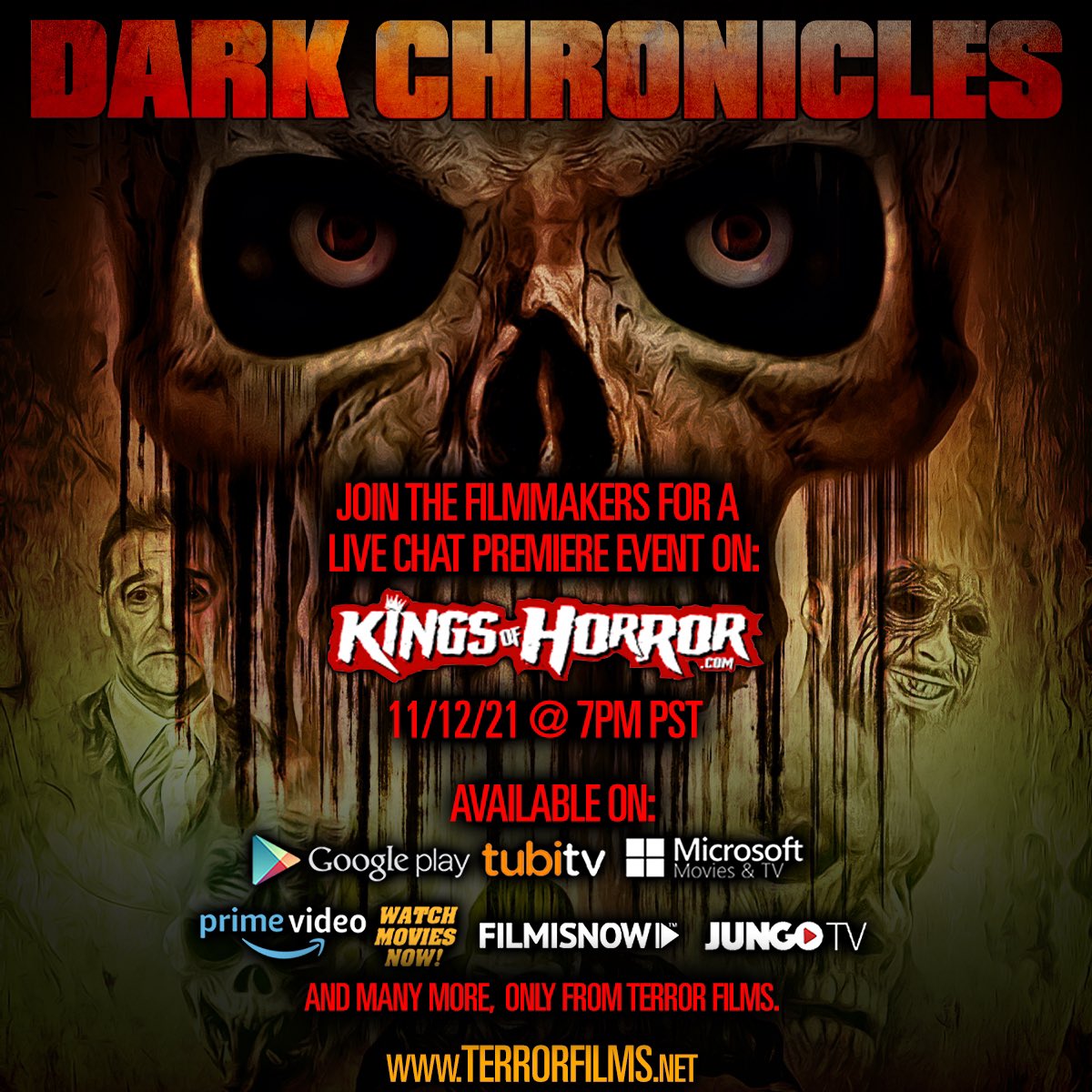 Terror_Films's tweet photo. Make Way for an Anthology of Terror!! 💀

DARK CHRONICLES premieres TONIGHT at 7pm PST on @KingsofHorror (also coming soon to many of your favorite digital platforms, only from #TerrorFilms!)!

Join the filmmakers &amp; cast for a live chat during the premiere! #darkchronicles https://t.co/jXdNYzZi0c