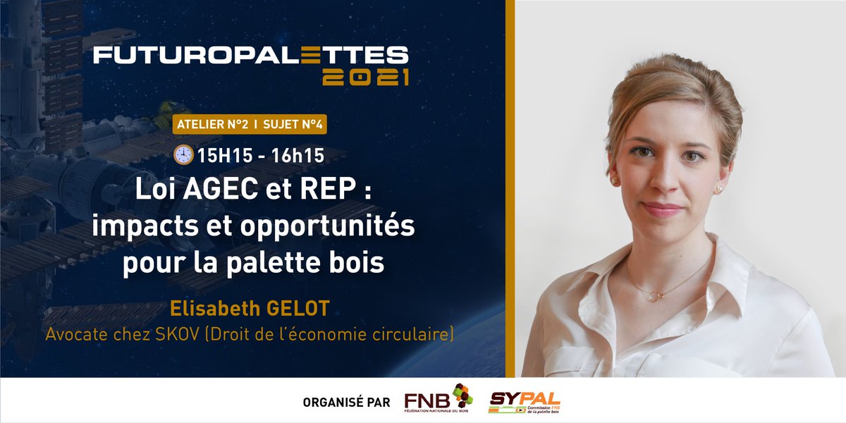 LeSYPAL's tweet photo. Elisabeth Gelot avocate chez SKOV Avocats présentera les impacts et opportunités pour la #palette #bois des lois #AGEC et #REP 👩‍⚖️  à l'occasion de #Futuropalettes2021. Inscrivez-vous gratuitement 👉 https://t.co/nrntNCru4B @fnbois https://t.co/kbByXOjeL9
