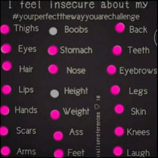 Chippy_mint's tweet photo. lmao I'm insecure literally about everything on this list besides something I don't have and something I'm average at 

insecure about even being mentioned speedrun any% https://t.co/lBYxaTz4AZ