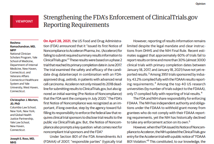 reshmagar's tweet photo. 🚨Now out in @JAMA_current, @cmorten2 @jsross119 & I outline how the @US_FDA should strengthen its enforcement of the legal requirements for sponsors to submit clinical trial results to https://t.co/CpS9gQO5yB under the FDA Amendments Act (#FDAAA): https://t.co/v7aHUZ8oaA 1/ https://t.co/bzCRGlER7d