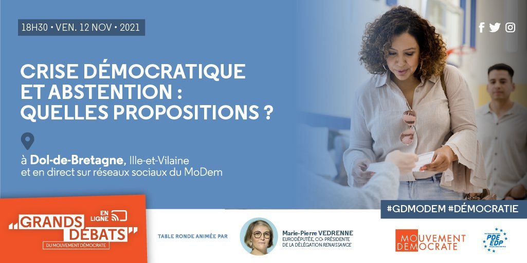 🗓 Rendez-vous à 18h30 pour notre #GDMoDem sur l'#abstention !

🗣 Le débat sera animé par <a href="/MariePierreV/">Marie-Pierre Vedrenne</a>, avec <a href="/LavoleVictor/">Lavolé Victor</a>, @texierjeremy, <a href="/JulesPasquier18/">Jules Pasquier</a>, et <a href="/sarahelhairy/">Sarah EL HAÏRY</a>.

📺 À suivre en direct :
🔸 Youtube 👉 bit.ly/MoDemYoutube
🔸 Facebook 👉 bit.ly/MoDemFB