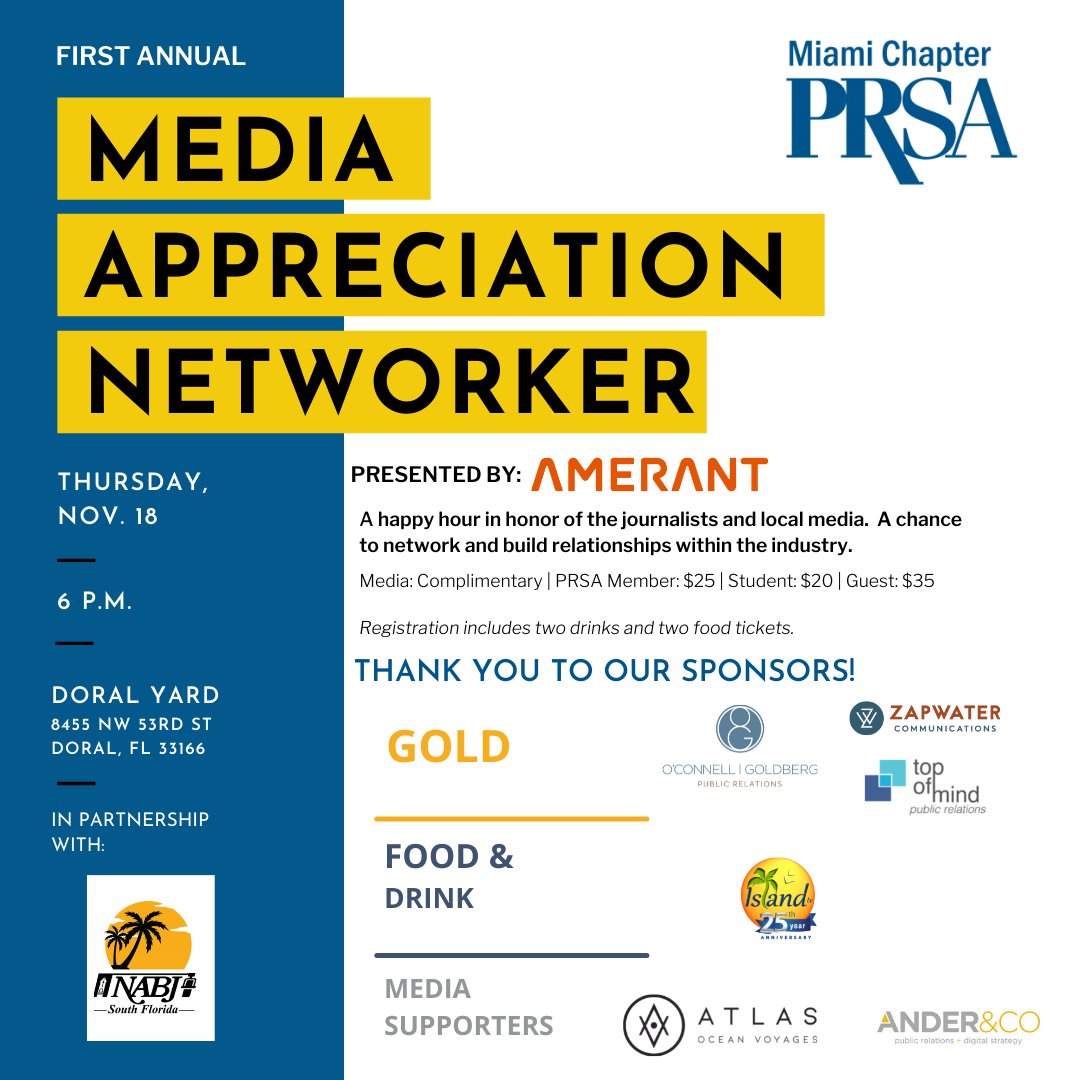 We are hosting our first annual media appreciation networking event Thursday, November 18th at 6PM at Doral Yard! 🤩

Join us to honor our journalists and local media and all the collaborative work they do with PR professionals. 

Register today: linktr.ee/PRSAMiami