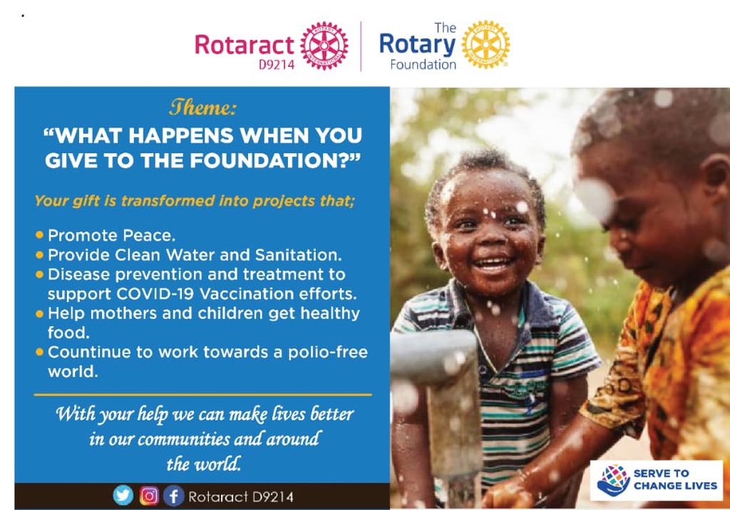 RotaractD9214's tweet photo. The Rotary Foundation helps Rotarians/ Rotaractors to advance world understanding, goodwill, and peace by improving health, providing quality education, improving the environment, and alleviating poverty.
#SupportTRF
#ServeToChangeLives https://t.co/LB0MorIVgX