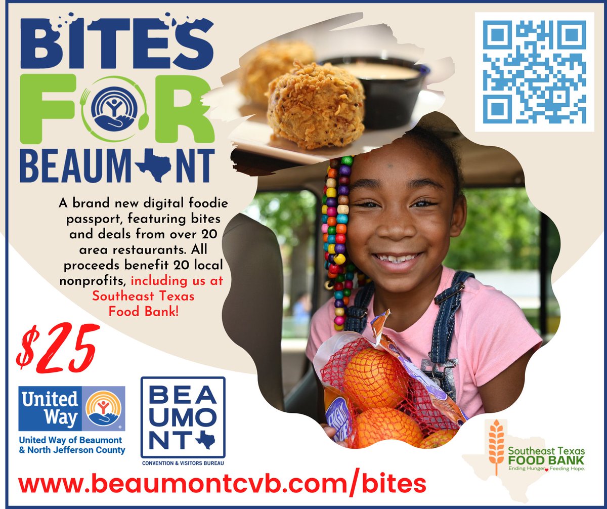 SETXFoodBank's tweet photo. Have you purchased your #BitesForBeaumont pass yet? This digital foodie passport is an initiative created by @UnitedWayBMT &amp; @VisitBeaumontTX as a way to drive business to area restaurants all while supporting 20 local nonprofits, including us at #setxfoodbank! https://t.co/KJC3nZHbNU