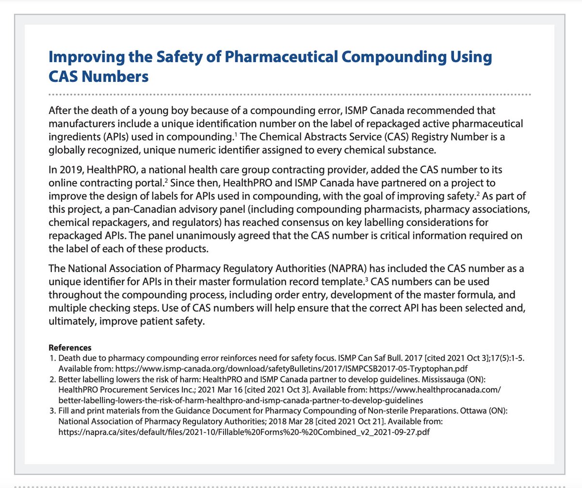 One of the recommendations from Andrew's incident analysis was the use of a unique identifier on APIs. Do you use a CAS registry number in #compounding? 1/2