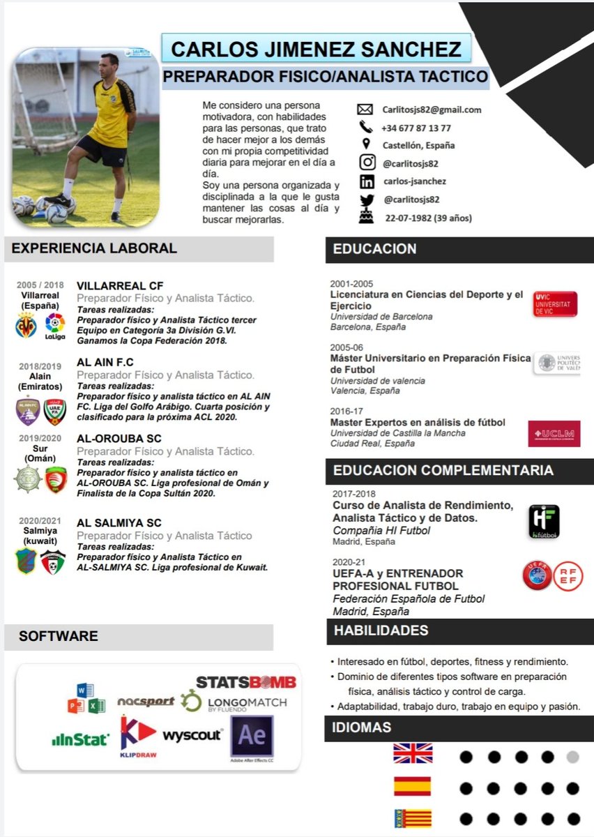carlitosjs82's tweet photo. 🇪🇦Nuevo CV temporada 2021-22
Compartir por favor para que llegue a cuanta más gente posible! 
Buscando nuevos retos. 
🇬🇧New CV season 2021-22.
Please share, so that as many people as possible. 
Looking for new challenges. 
👨‍💻Tactical Analyst
🏋️Fitness coach
⚽Football Coach (PRO) https://t.co/ouEqcOSZr9