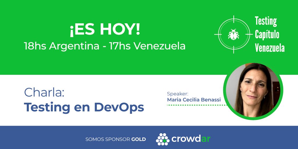 crowdarinfo's tweet photo. Acompañá HOY a las 18hs ARG (17hs VEN) a María Cecilia Benassi en la charla "Testing en DevOps", dentro del marco @TestingVe
Link directo a la charla👇🏻
https://t.co/6ZC4HTFCDf
#testingvenezuela #testingdayve #testingcapitulovenezuela2021 #istqb #yosoytester https://t.co/G2olSVLuHj