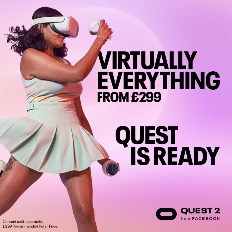 MetaQuestVR's tweet photo. The VR you've been waiting for is here. Zombies are ready. Your squad is ready. Space is ready. Quest 2 from £299. Content sold separately.