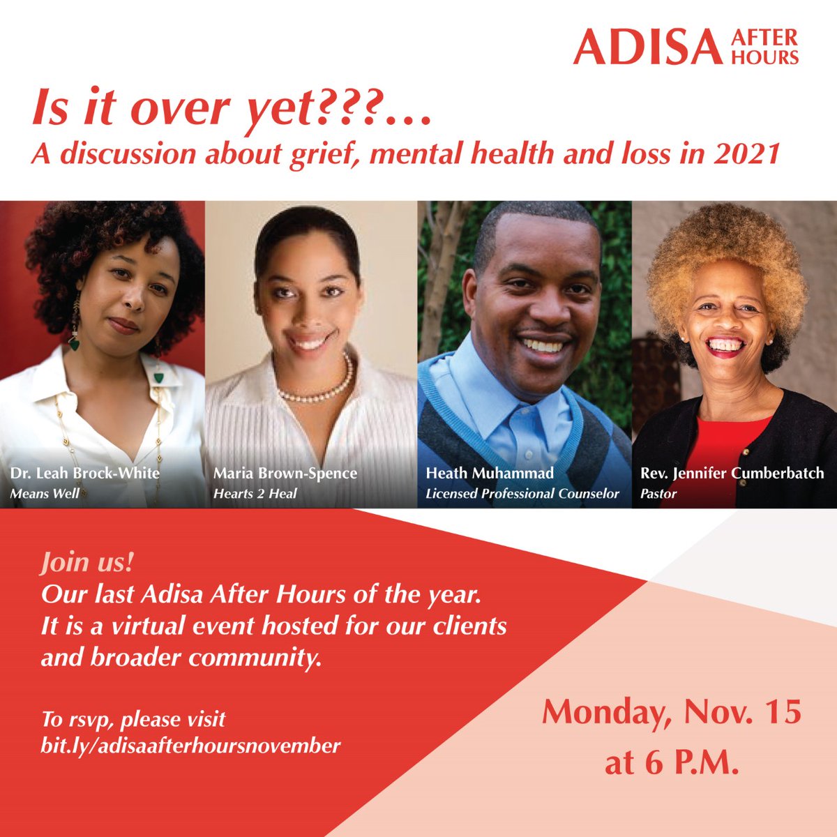 Join us as we kick off our last Adisa After Hours event of 2021 at 6pm on Nov. 15th! Mental health and wellness professionals will help us process our loss and learn tools and strategies to deal with depression, grief, loss, and change. Register TODAY! bit.ly/adisaafterhour…