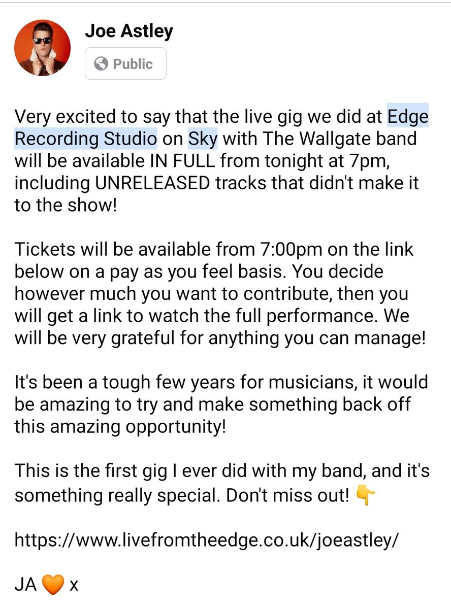 Joe Astley (@jastleyofficial) on Twitter photo Very special performance coming your way tonight! Please read 👇
Link to tickets: livefromtheedge.co.uk/joeastley/
Huge thanks to <a href="/JohnDelfsound/">John Delf</a> <a href="/EdgeRecStudio/">EdgeRecordingStudios</a> <a href="/AllAboutTheMus8/">All About The Music TV</a> and of course <a href="/thewallgateband/">The Wallgate Band 📺💥</a> for all your hard work and patience!
JA 🧡 x Very special performance coming your way tonight! Please read 👇
Link to tickets: livefromtheedge.co.uk/joeastley/
Huge thanks to <a href="/JohnDelfsound/">John Delf</a> <a href="/EdgeRecStudio/">EdgeRecordingStudios</a> <a href="/AllAboutTheMus8/">All About The Music TV</a> and of course <a href="/thewallgateband/">The Wallgate Band 📺💥</a> for all your hard work and patience!
JA 🧡 x