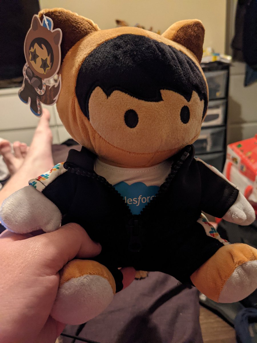 ThisIsMarkJones's tweet photo. Arrived back home this afternoon to see that my #slackstro plushie had been delivered. Kind of want a real-life version of the tracksuit now. #TrailheadQuests #Salesforce https://t.co/7asJaRyZ11