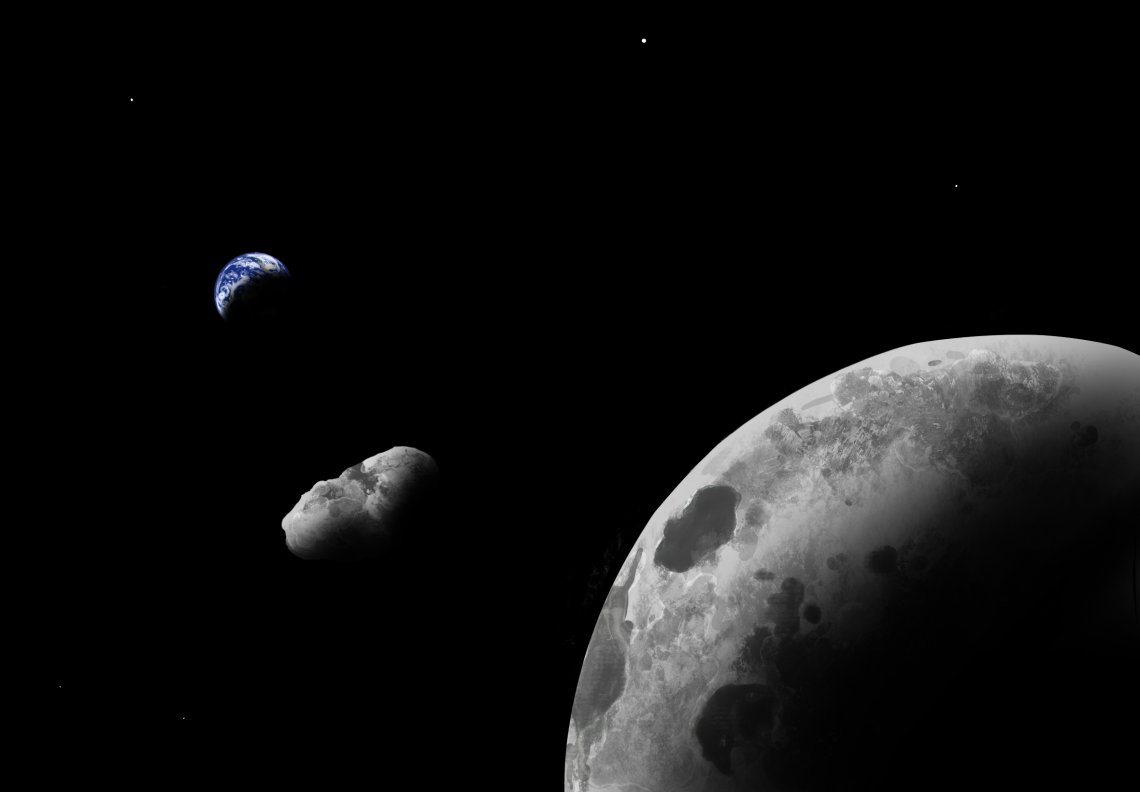 An artist's impression of Earth quasi-satellite Kamo`oalewa near the Earth-moon system. 