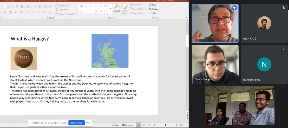 Meet Dr. Andrew Peacock, our Head of Analytics.

Here you can see him tricking our international (and apparently gullible) team on what Haggis is! There was a previous slide on how it is also a woodland creature...

After a ridiculous narrative, he revealed the truth. 

#haggis