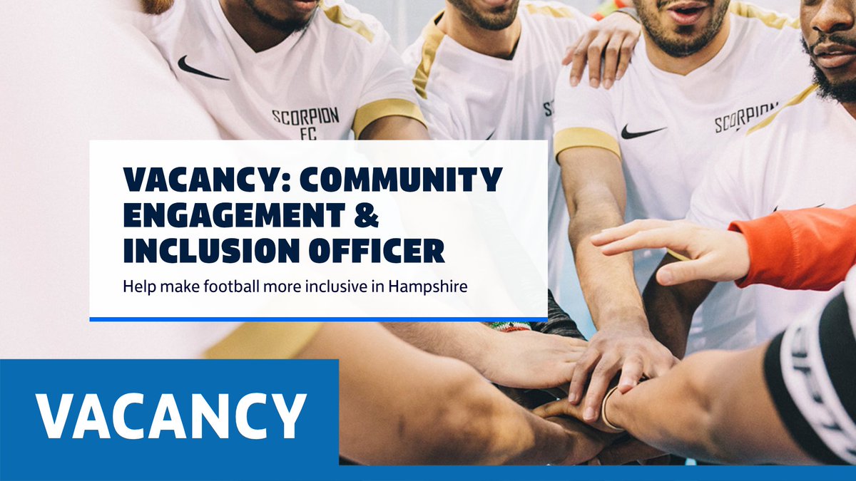 HampshireFA's tweet photo. We're looking for a new Community Engagement &amp; Inclusion Officer who can help make #Football more inclusive in #Hampshire.

Know someone who might be good for the role? 🤔

Comment, tag, share and get them to apply via the link below ⬇
https://t.co/KjEecb1CCc

#Vacancy #Job https://t.co/hAo2fEkcGL
