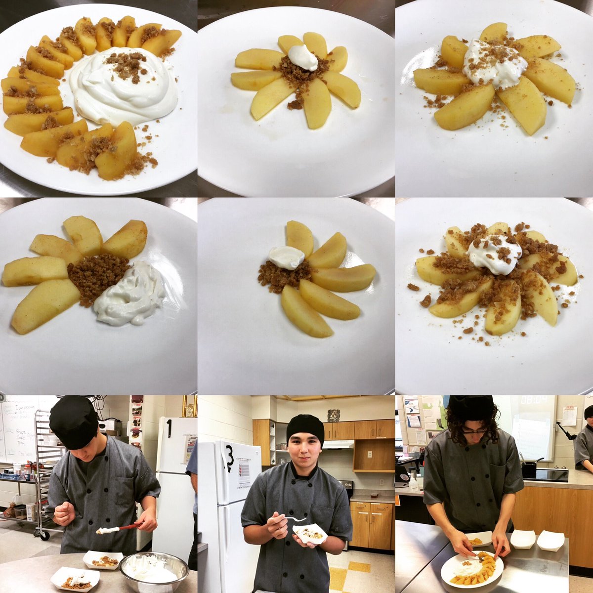 Poached Apples w/ brown sugar crumble and vanilla whipped cream. Lots of skill practice in CE this week! #poaching #plating #timemanagement #homemadewhippedcream #jagculinary