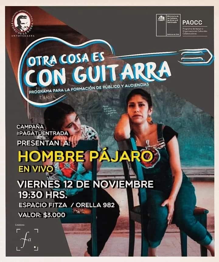 AFTAPanoramas's tweet photo. 🎵 Otra cosa es con guitarra     
📍 Espacio Fitza                           
⏰ 19:30 horas      
📆 HOY 12 Noviembre 
🎟 Entrada General: $3.000      
#Antofagasta https://t.co/1Dh6s4wHkc