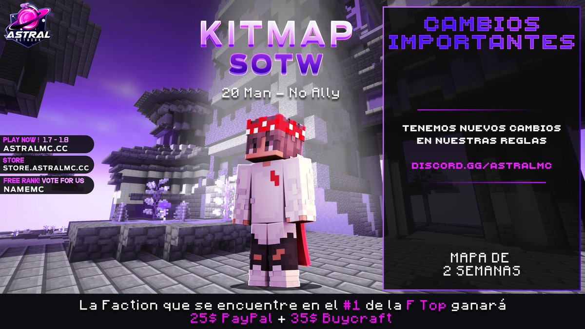 AstralNetworkCC's tweet image. Nuevo mapa de Kitmap a las 5PM EST, tenemos cambios en nuestro sistema de reglas, las podrás encontrar en nuestro discord.

Estaremos sorteando lo siguiente:

🚀x1 Rank Astral
🚀x2 Kits Ranger+
🚀x2 Kits Ninja+

¡Síguenos, Retweet y dale me gusta para participar!