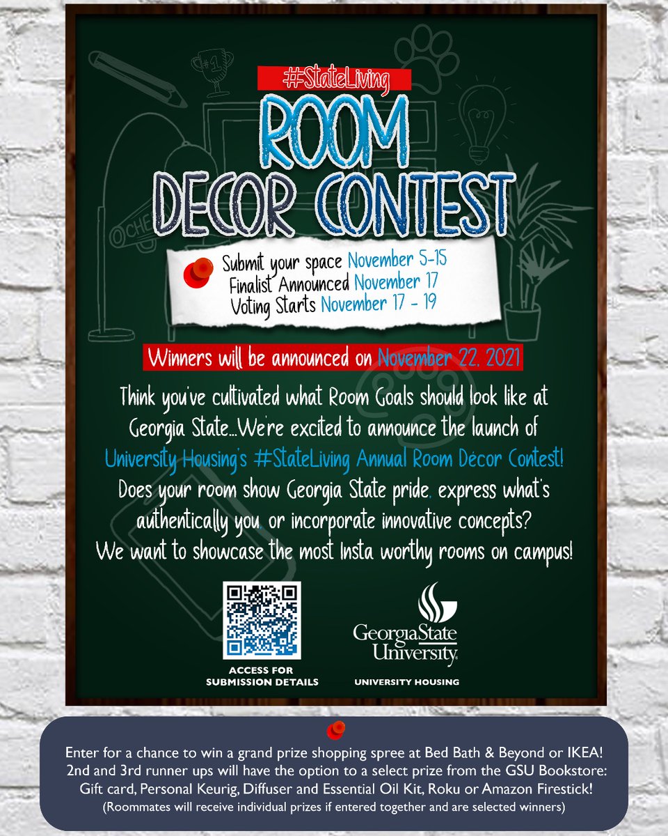 GSU_Housing's tweet photo. ATTENTION PANTHERS! You now have until November 15, 2021 to submit your spaces for the #StateLiving Room Decor Contest! Don't forget to get creative & have fun! ๐
#StateLiving #GSUroomdecorcontest #GSUhousing https://t.co/T17pjQYw1u