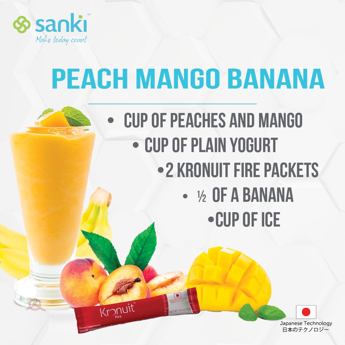 SankiUS's tweet photo. Try out this delicious Peach Mango Banana smoothie by adding two packs of our Kronuit Fire! 🍑🥭🍌

#SankiRecipes #Sanki #SankiGlobal #SankiUSA #Kronuit #SankiKronuit #MakeTodayCount #KronuitSanki #Antioxidants #Recipe #Smoothie #Diet #Fitness #PlantBased #Vegetarian https://t.co/ZtGl3YO6mW