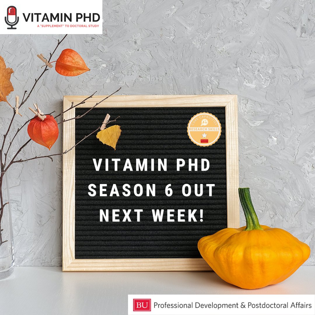 BUvitaminphd's tweet photo. Pick up a pumpkin spice latte and bake those Thanksgiving pies while listening to our newest season of #VitaminPhD! The #researchskills season, hosted by @heathermooooney and Matt Boyd, will release NEXT WEEK. Past episodes here: https://t.co/j7ePketVKr #phdpd #phdadvice https://t.co/D21Qqv6Mci