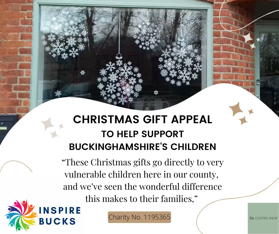 Christmas spirit is needed more than ever this year! 🎄🎅 Help us get presents to children and young people across #Buckinghamshire by donating toys or gifts. 
Our collection points:
#Coffee94 (94 High Street HP18 0JD Waddesdon)