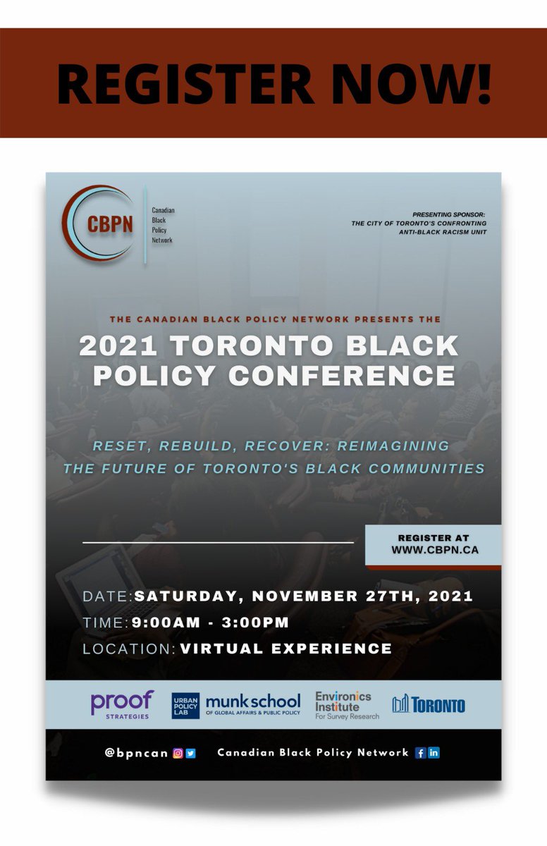 We are so excited to share registration details for the 2021 Toronto Black Policy Conference! We have an amazing line up of speakers and interesting panel themes, you won’t want to miss it! Click on this link to RSVP: cbpn.ca