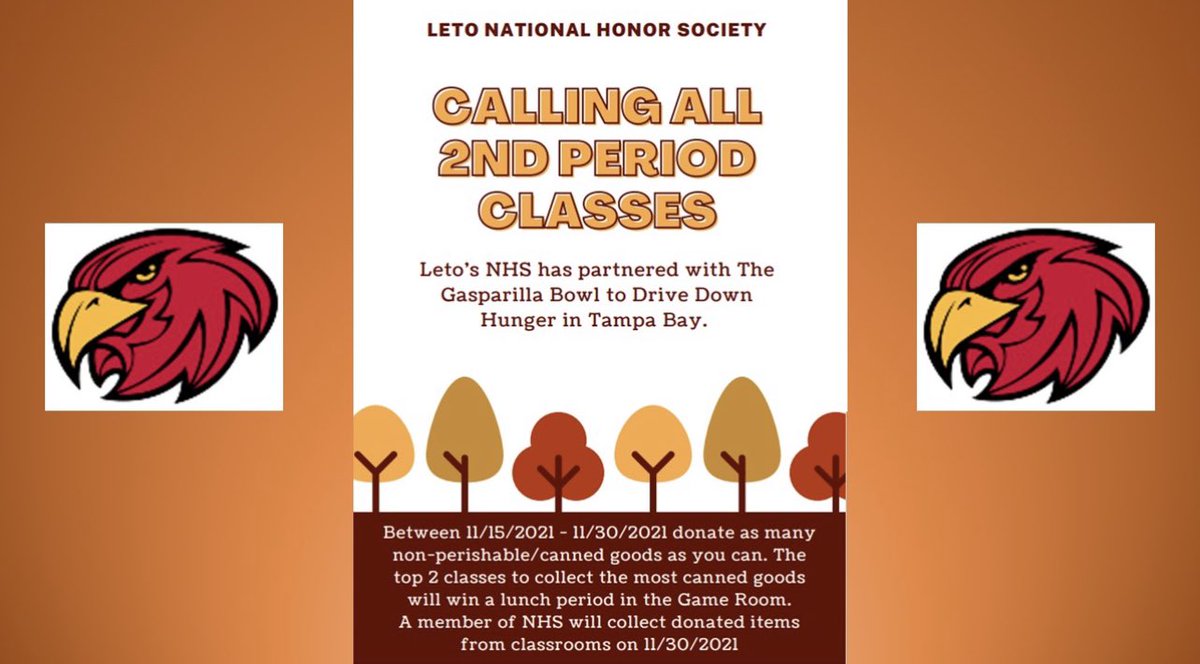 <a href="/LHS_SSS_TEAM/">LHS_SSS_TEAM</a> <a href="/LetoHighSchool/">Leto High School</a> @LHSMcCoy <a href="/LHSartabasy/">Babita Artabasy</a>   Help Leto Drive Down Hunger  #drivedownhungertampabay