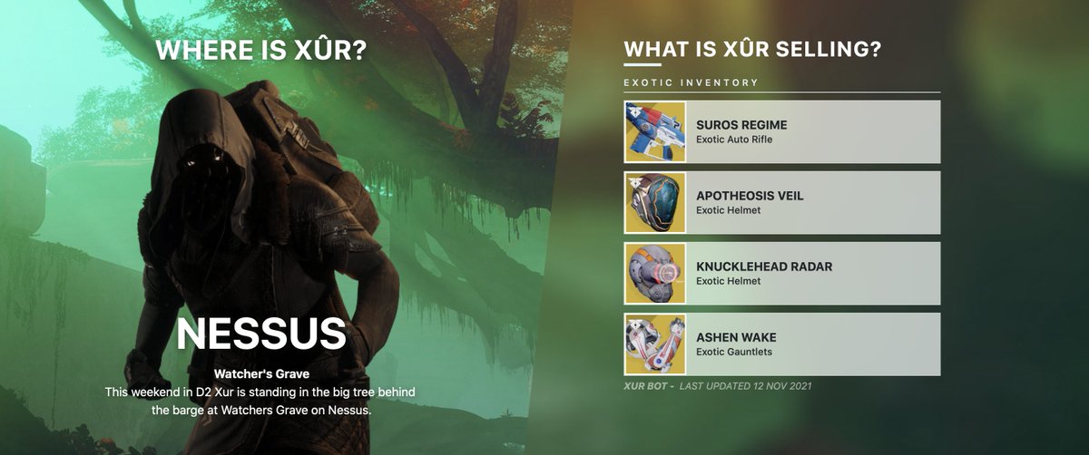 XurDestiny2's tweet photo. This weekend in Destiny 2 you can find Xur on Nessus.

Inventory: SUROS Regime, Apotheosis Veil, Knucklehead Radar, Ashen Wake. 

https://t.co/5x8JZDhd8X

#Destiny2 #Xur #Location https://t.co/UWKn0EBR6b
