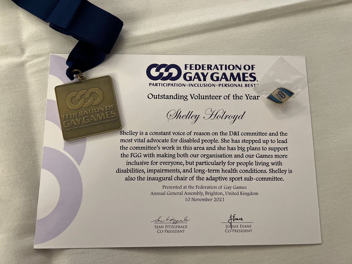 We’re extremely proud of <a href="/ShellHolroydOLY/">ShelleyHolroydOLY</a> for being named “Outstanding Volunteer of the Year” for the work she’s doing with <a href="/GayGames/">Gay Games</a> 🥳 she’s a vital asset to their D&amp;I committee, providing knowledge and continual support to make sport more inclusive to everyone of all abilities
