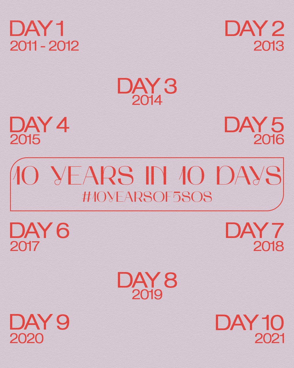 10 YEARS OF 5SOS // 10 YEARS IN 10 DAYS 
November 24th - December 3rd

We're looking forward to celebrating 10 years of <a href="/5SOS/">5 Seconds of Summer</a> with you. In the days leading up to the anniversary, we would love to reminisce together about the time spent supporting the band. #10YearsOf5SOS