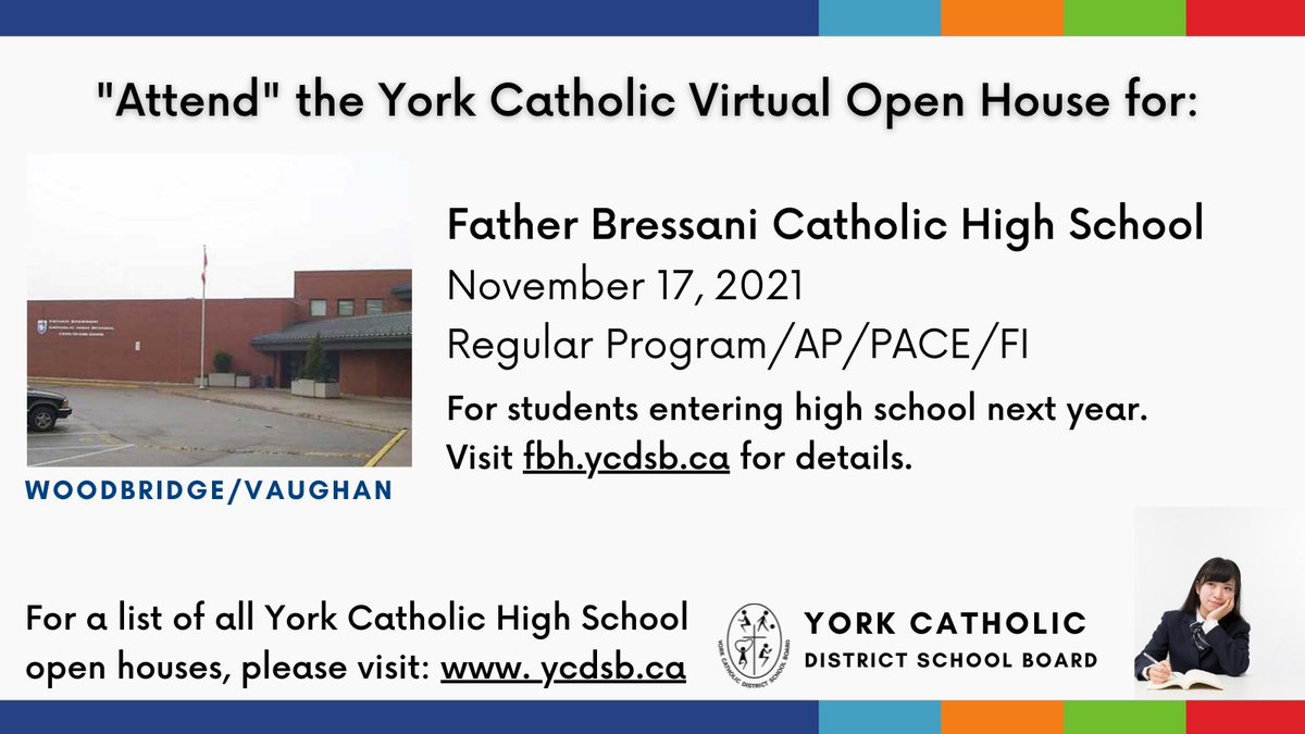 YCDSB's tweet photo. Grade 8 High School Information Nights taking place TONIGHT for:

   - Father Bressani in #Vaughan / #Woodbridge
   - St. Theresa of Lisieux in #RichmondHill
    
Learn more: https://t.co/Z1YtW78O6c

#Choosing your #highschool 
#HowtoDecide #secondaryschool #OpenHouse https://t.co/qzr8UBiek9