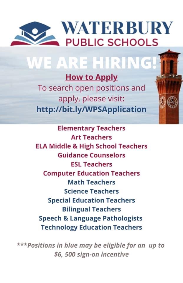 WPSHumanCapital's tweet photo. Waterbury Public Schools is hiring! Click the link to apply ➡️ https://t.co/pvMVmhl91j https://t.co/UpSPIQoAdD