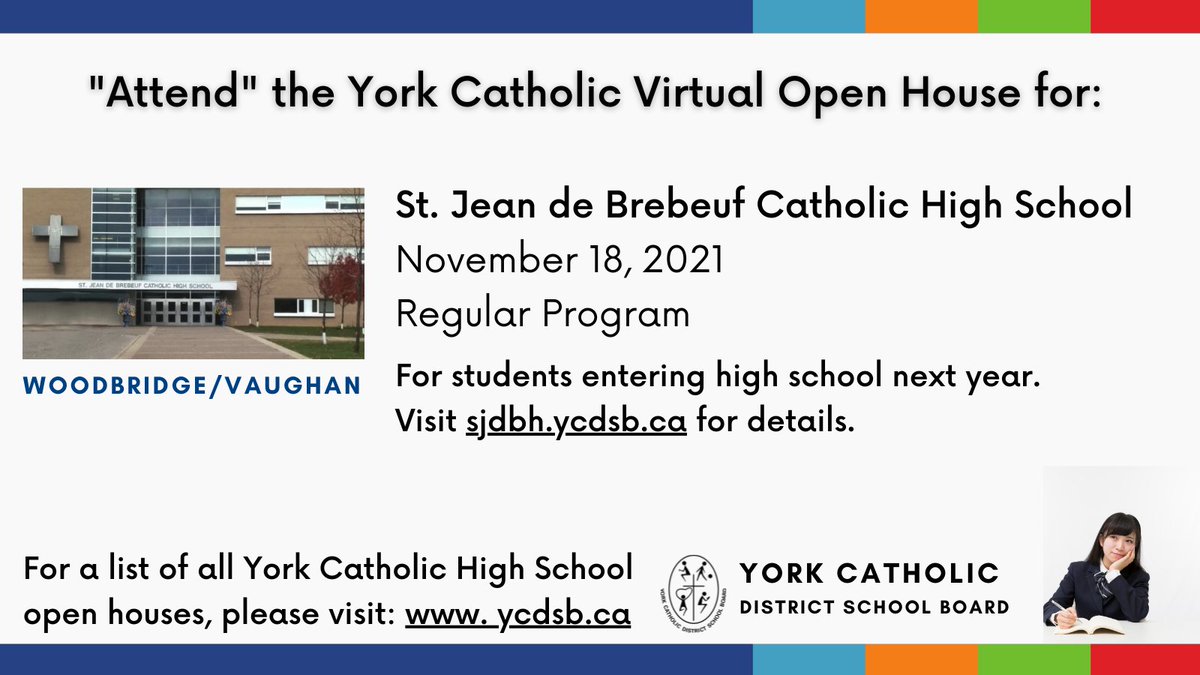 YCDSB's tweet photo. Grade 8 High School Information Nights taking place TONIGHT for:

   - Cardinal Carter in #Aurora / #OakRidges 
   - St. Jean de Brebeuf in #Vaughan / #Woodbridge
    
Learn more: https://t.co/Z1YtW7qpuM

#Choosing your #highschool 
#HowtoDecide #secondaryschool #OpenHouse https://t.co/kfZDrKLMVz