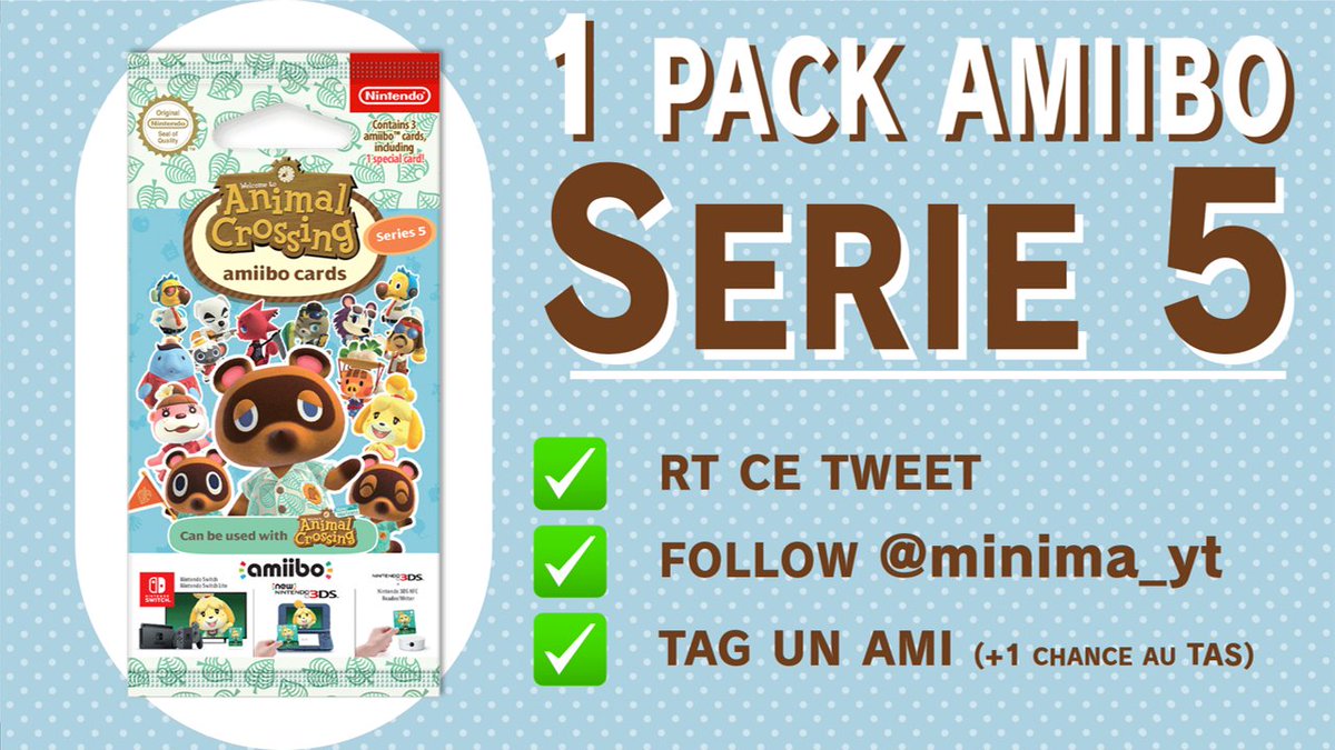 minima_yt's tweet image. 🎮 Concours ACNH 🎮
Pour fêter la maj et les 18k sur la chaîne yt, tente de gagner un pack Amiibo Serie 5 !

Pour cela :
✅ RT ce tweet
✅ Follow mon compte @minima_yt
✅ Tag un ami pour avoir une chance en plus au T.A.S !

T.A.S le 20/11 !
