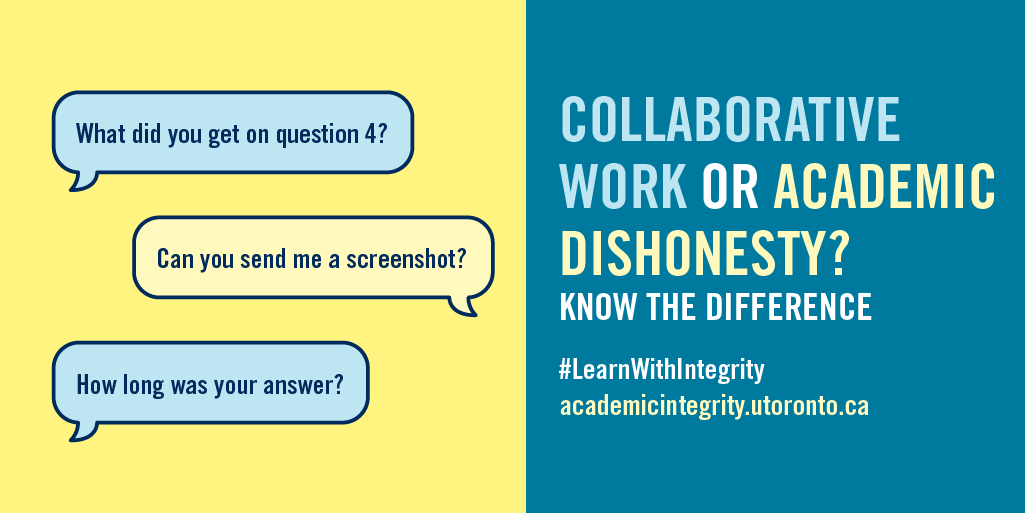 UofTStudentLife's tweet photo. #LearnWithIntegrity reminder 🔔 Studying with others can be key to success! Helping each other during the exam isn’t. Know the difference and share ideas *before* the exam. DYK profs often create multiple versions of exams? For more info, visit https://t.co/NSboLU1S8B #UofT https://t.co/BeuZekZ2tn
