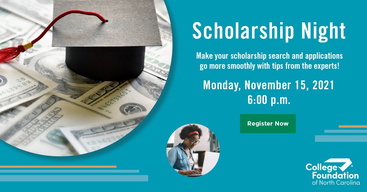 CFNC's tweet photo. Are you looking for free money to pay for college? Join us for Scholarship Night on Monday, Nov. 15!

Get tips from the experts about finding and applying for #scholarships.

Click to register for the free #webinar 👉 https://t.co/pIV6bIIDj6 https://t.co/rUbaoyBIL8