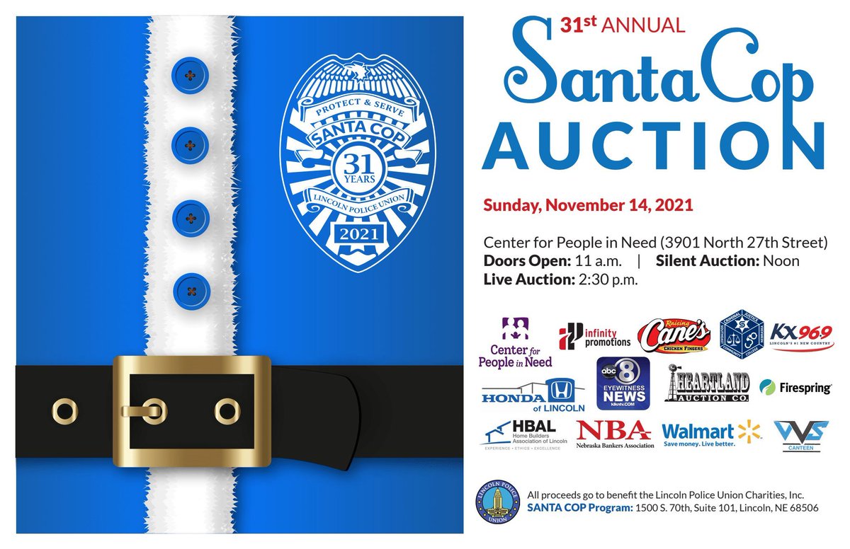 Lincoln_Police's tweet photo. The Santa Cop Auction is THIS SUNDAY at the Center for People in Need at 3901 N 27th Street. Check out their page to see all the items up for auction. All proceeds go toward purchasing gifts for local youth and families in need this holiday season.  
https://t.co/WfAsCbSqfo https://t.co/6ZEdclZ2IY