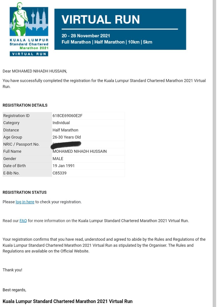 nihadhhussain's tweet photo. Happiness in 3 screenshots 😇
2 Races in 2 months..
Standard Chartered #KLMarathon Registration & Bib ✅
#SingaporeMarathon Registration ✅ https://t.co/AVW0tip8EA