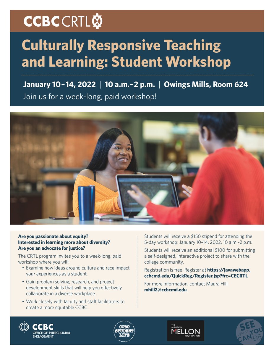 CCBCLibrary's tweet image. Join us for a week-long, paid student workshop! Register at javawebapp.ccbcmd.edu/QuickReg/Regis… ! 
For more info, contact Maura Hill at mhill2@ccbcmd.edu. Hope to see you then!