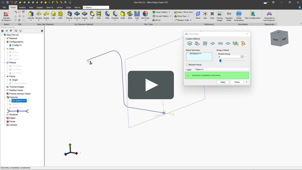 Alibre's tweet photo. In v24, we have implemented a new way to insert a plane. This allows you to insert a plane at any point along a 2D or 3D sketch line or curve. 

https://t.co/ENOEmPFmfD

To see other features and enhancements coming in v24 click the link below:
https://t.co/gTH7lqKaJV https://t.co/XJFhODaBuO