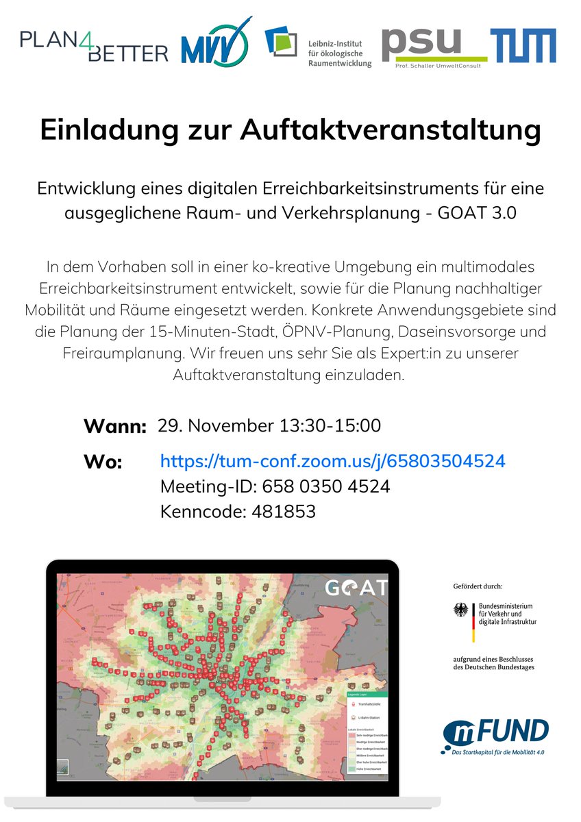 💻Einladung zur öffentlichen Auftaktveranstaltung unseres neuen #mFUND Entwicklungsprojekts „GOAT 3.0”, gefördert durch das @BMVI 💻
Am 29. November 13:30-15:00 Uhr über Zoom (tum-conf.zoom.us/j/65803504524; Kenncode: 481853). Wir freuen uns auf Ihr Kommen!