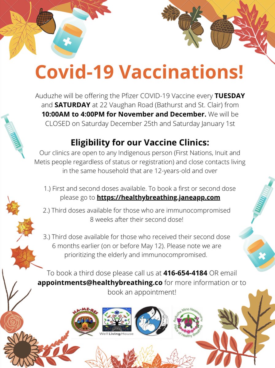 auduzhe's tweet photo. Auduzhe Mino Nesewinong will be offering Pfizer vaccinations!!! Please read poster below for details. To book an appointment or to aquire more info, please call 416-654-4184 OR email appointments@healthybreathing.co https://t.co/trEtxxi2L3