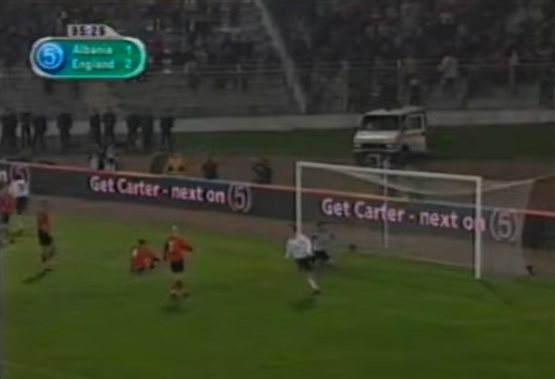 FootballCliches's tweet photo. Albania 1 England 3 in 2001, with some absolutely classic Channel 5 advertising hoarding action https://t.co/Tk0qnqW715