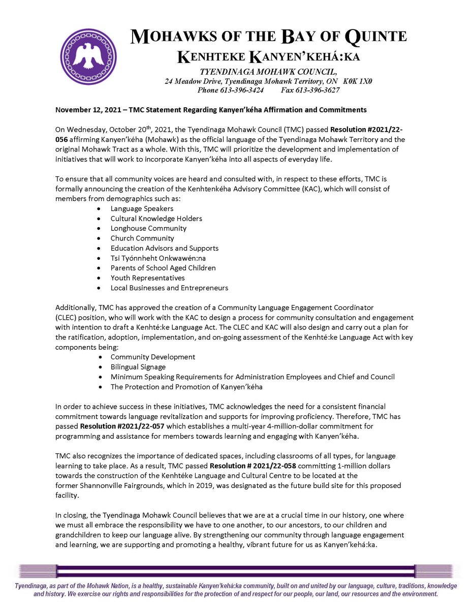 MBQTMT's tweet image. November 12, 2021 – TMC Statement Regarding Kanyen’kéha Affirmation and Commitments

The full statement can also be found by visiting: mbq-tmt.org/2021/11/12/not…