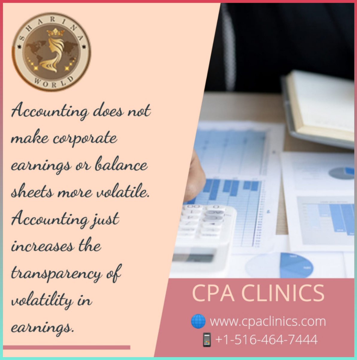 SharinaWorld's tweet photo. "Accounting Does Not Make Corporate Earnings Or Balance Sheets More Volatile. Accounting Just Increases The Transparency Of Volatility In Earnings."
#sharinaworld #incometax #companyfiling #payrollmanagement #internalcontrol #creditrepair #accounting #cpa #Cpaclinics https://t.co/MgFUmzgCN1