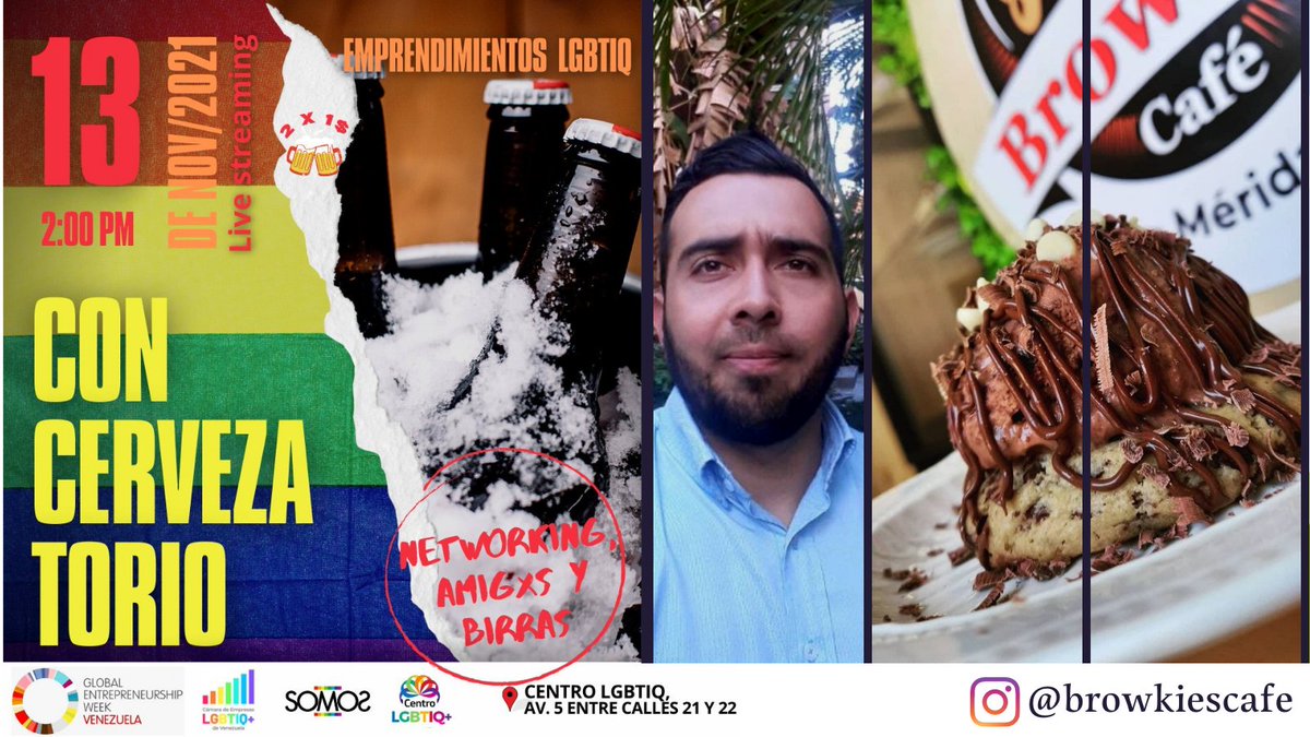 SomosMov's tweet photo. Este #13nov en nuestro #Concervezatorio conoce a Nelson de #BrowkiesCafé, la nueva pastelería gourmet que deleita paladares en un acogedor ambiente 100% abierto a la comunidad LGBTIQ+ y libre de discriminación en #Mérida.
⏰2:00pm
📍@CentroLgbtiq 
🍻2x1
Emprendedorxs &amp; Networking https://t.co/aXme7Z5LaE