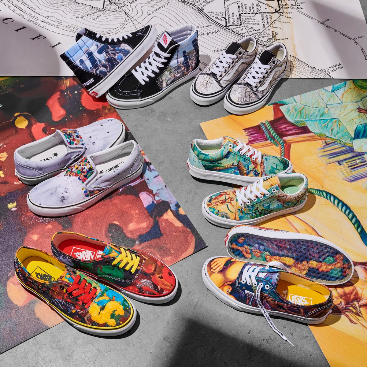 Vans's tweet photo. Vans x @MOCALosAngeles just landed. See the full line up featuring art by Judy Baca, Frances Stark, and Brenna Youngblood at https://t.co/sUcoqW9Fcr https://t.co/XIRsnd1HEB