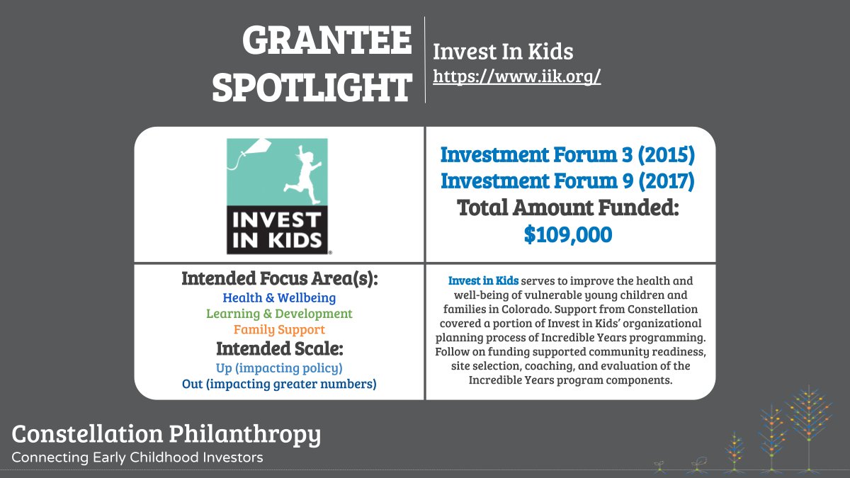 2x grantee <a href="/InvestInKids/">investinkids</a> improves the health &amp; well-being of children &amp; families in Colorado through research informed programs. Their #IncredibleYears work received two grants; one to assist with initial planning, and another to help them scale out &amp; reach more families.