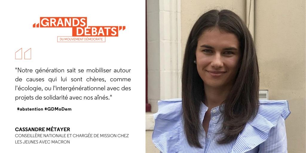 MoDem's tweet photo. @MariePierreV @LavoleVictor @texierjeremy @JulesPasquier18 @sarahelhairy @J_Democrates @DeputesDem @PDE_EDP @YoungDemsEU @modembzh 🗣️ "Notre génération sait se mobiliser autour de causes qui lui sont chères, comme l'écologie, ou l'intergénérationnel avec des projets de solidarité avec nos aînés." @CassandreMetyr
#GDMoDem #Abstention https://t.co/3u7HcPidMj